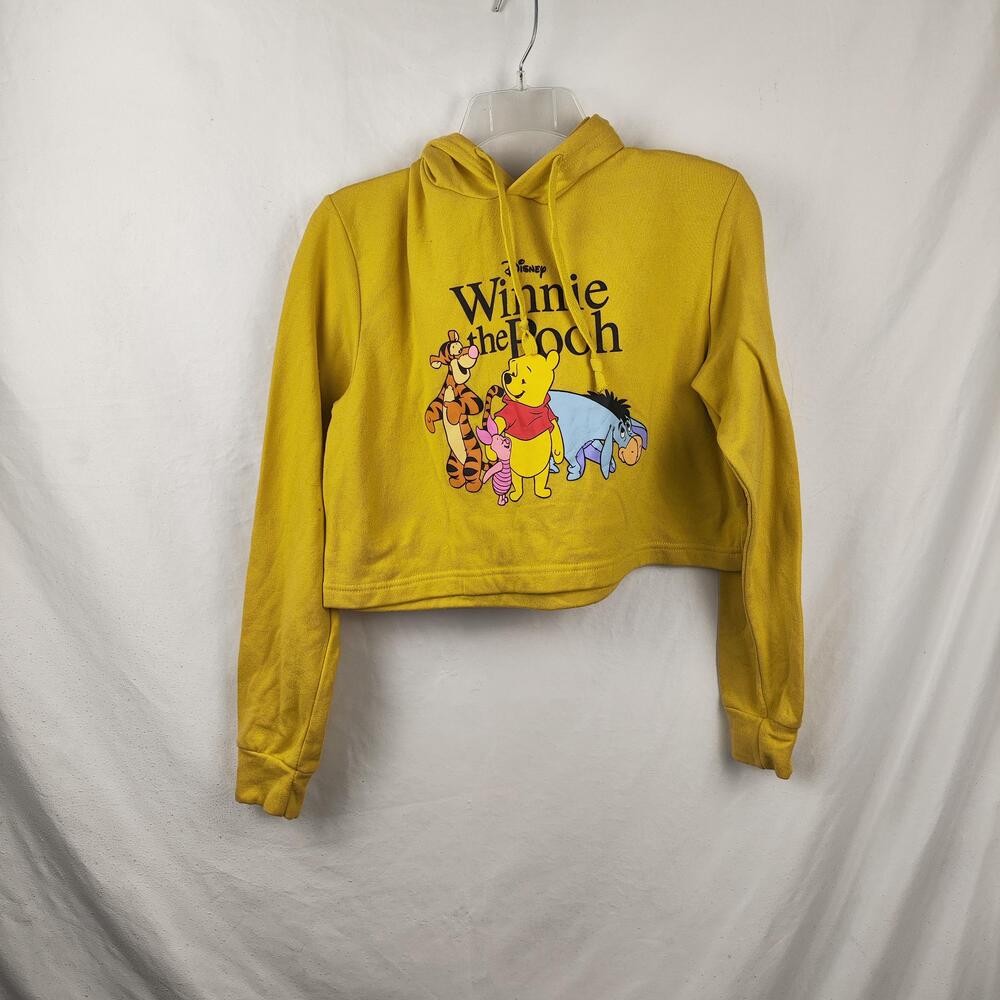 Disney Shirt Womens Small Yellow Winnie The Pooh Hooded Cropped Long Sleeve